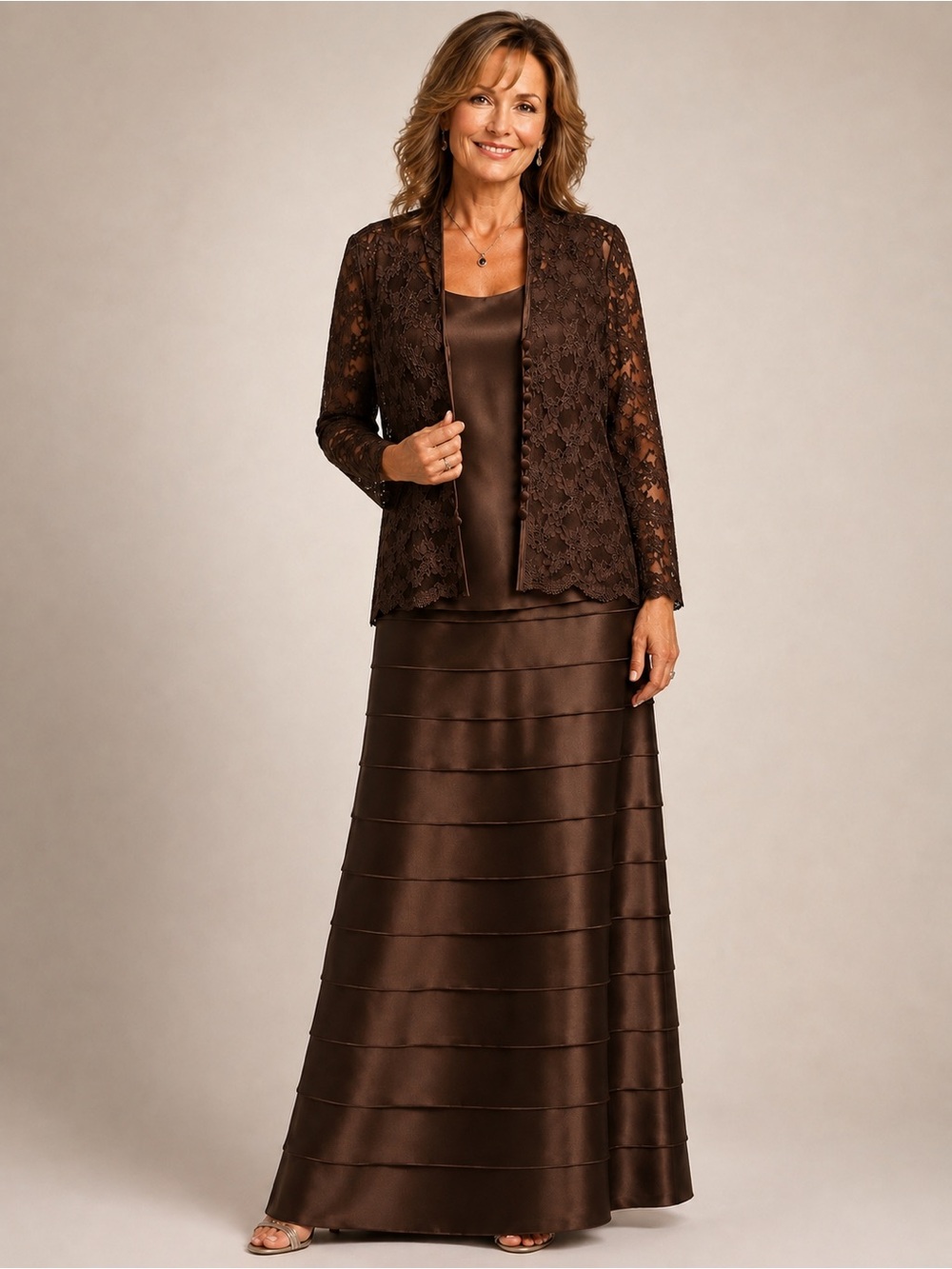 JS Collections - 3PC Brown Satin Tiered Maxi Skirt, Top, Lace Jacket 8